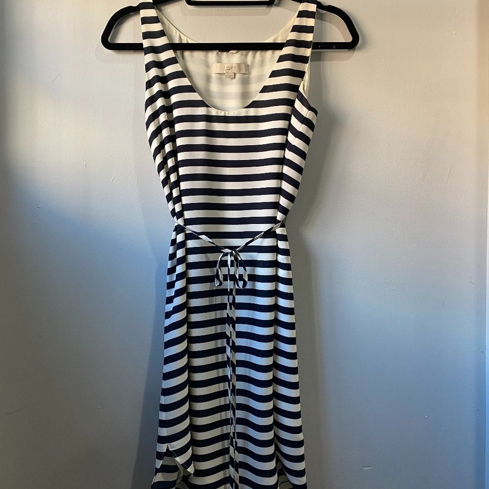Loft Navy & White striped Shift Dress with Tie